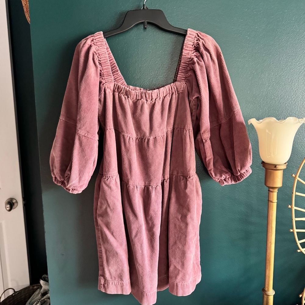Pink Corduroy Dress with Puff Sleeves
